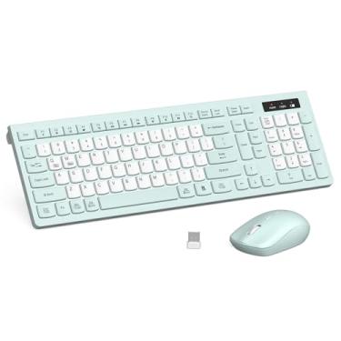 Imagem de RECCAZR Combo de teclado e mouse sem fio, teclado de tamanho completo e mouse DPI ajustável, teclado e mouse sem fio (verde menta e branco)
