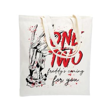 Imagem de WZJHCL Sacola de Halloween de terror assassino amante de filmes de terror reutilizável sacola de mercearia One Two Killer Coming For You, One Two Tote, Large