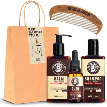 Imagem de Kit Shampoo Balm Óleo e Pente Madeira + Embalagem Presente Aniversário - Barba de Macho