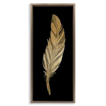 Imagem de Stupell Industries Arte de parede em tela flutuante emoldurada preta e marrom dourada com pena glamourosa, design de Kim Allen, 63 x 28 cm
