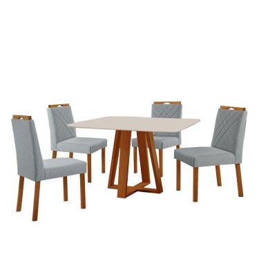 Imagem de Conjunto Sala De Jantar Mesa Floripa 120x90cm Off White Com 4 Cadeiras Dallas Linho Cinza