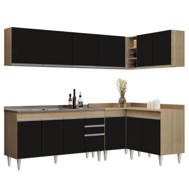 Imagem de Armário De Cozinha Modulado De Canto 6 Peças Cp33 Com Pia Inox Castanho/preto - Lumil