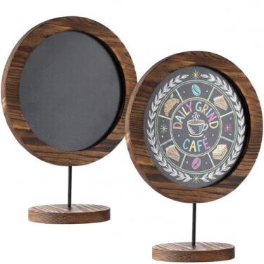Imagem de Conjunto de 2, placa de quadro negro de 20 cm com moldura e base redondas de madeira, recomendações diárias para cafeterias, sinalização de cartão de lugar de mesa de casamento, placa de notas pequena
