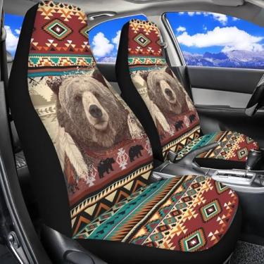 Imagem de Dreaweet Capa de assento de carro Western Bear apenas assentos dianteiros asteca acessórios de carro para mulheres e homens, pacote com 2 capas de assento de concha universais laváveis para SUV