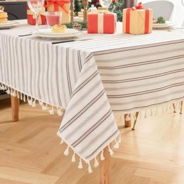 Imagem de Zdolmy Toalha de mesa listrada com borla, 100% algodão, toalha de mesa lavável, retangular, para decoração de jantar de cozinha (listras de café, 259 x 139 cm (retangular))