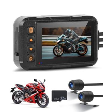 Imagem de Câmera de painel de canal duplo para motocicleta, tela IPS HD de 3 polegadas, frontal 720p e traseira 480p, monitoramento de estacionamento, sensor G, detecção de movimento, gravação em loop, IP67 e