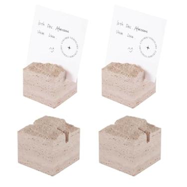 Imagem de JIMEI 4 peças de porta-cartões de travertino natural – Placas de mesa de casamento polidas feitas à mão, suporte de memorando multiuso para cartões de acompanhante, fotos e cartões de visita (6 x 6 x