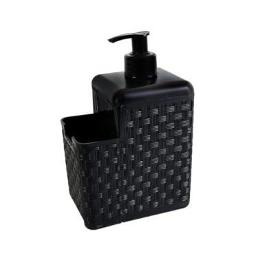 Imagem de Dispenser Organizador 2 em 1 para Detergente e Esponja, Plástico Preto, Modelo Rattan, 13x11x7,5cm, 600ml, para Cozinha