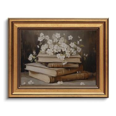 Imagem de Arte de parede emoldurada a ouro arte de parede em tela vintage livros e flores sombrias decoração academia impressão de arte imagem para sala de estar quarto fazenda banheiro decoração de escritório