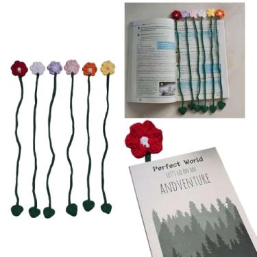 Imagem de Wuryuema Pacote com 6 marcadores de página de flores de crochê – Marcador de livro de borla floral delicado feito à mão para mulheres, adolescentes, leitores, presentes de aniversário, cortador de
