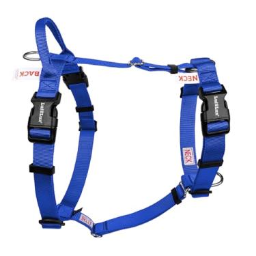 Imagem de LufeLux Arnês para cães Pro Easy Walk Freedom, não puxa, mantém o equilíbrio, fivela de pescoço, ajuste de seis pontos, 2 clipes de coleira para clipe traseiro e frontal (azul, M)