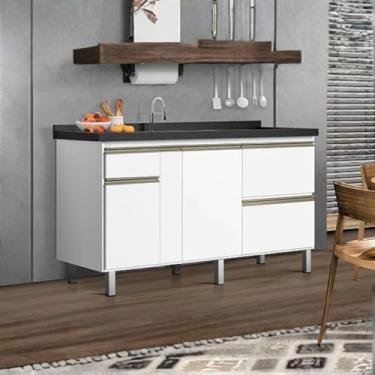Imagem de Gabinete Cozinha 100% Mdf Armário Pia 144cm Portas e Gavetas (Branco)