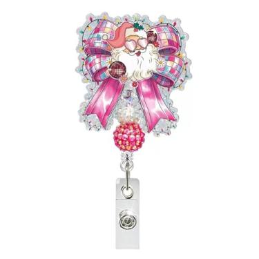 Imagem de Carretel de crachá de Natal, clipe retrátil para identidade, com miçangas, laço rosa, suporte de crachá de Papai Noel, clipe de jacaré, luzes coloridas, clipe de crachá de feriado para enfermeira