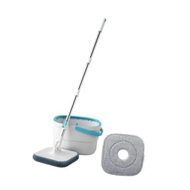 Imagem de IEUDNS Conjunto de esfregão e balde Mop preguiçoso molhado ou seco usando esfregões de pó de cabeça plana Balde de esfregão plano para piso de ladrilho de, com 2 Esfregões