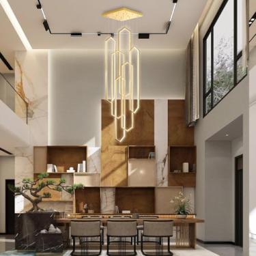 Imagem de Lustre moderno dourado de alumínio com LED, luminária pendente grande para tetos altos, controle remoto, 6 lâmpadas, ideal para hall de entrada, sala de estar e escadas, temperatura de cor d
