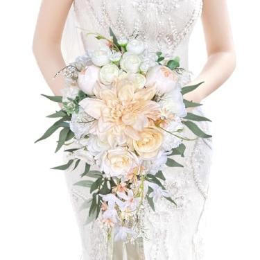 Imagem de LCiclly Buquês em cascata de 25 cm para noiva, outono, casamento, casamento, grande, champanhe, marfim, rosa, artificial, flor, boho, rústico, vintage, cerimônia, aniversário, buquê