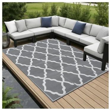 Imagem de SPXMQSS Tapetes de exterior para jardim, tapete de plástico reversível antiderrapante, dobrável, fácil de limpar para acampamento, deck, praia, piquenique, cinza 152 x 244 cm