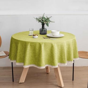 Imagem de Wuluwala Toalha de mesa redonda de tecido de cor sólida de 122 cm, toalha de mesa de linho de algodão com acabamento em renda, resistente a manchas, capa de mesa de jantar impermeável para cozinha
