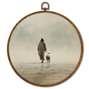 Imagem de Decoração de parede vintage Snowy Village 25,5 x 25,5 cm, arte de parede circular de cenário de férias de inverno vintage, decoração de arte de parede de vila de férias na neve para o Natal (Jesus)