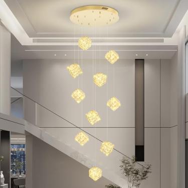 Imagem de Lustre de escada de LED de 10 luzes lustres de cristal modernos para tetos altos, pingente de cristal para sala de estar, escadas, sala de jantar, entrada