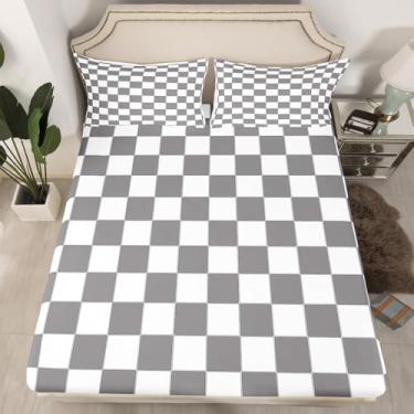 Imagem de Erosebridal Jogo de cama solteiro xadrez cinza cinza quadriculado quadriculado, búfalo geométrico, lençol com elástico para crianças, meninos, adolescentes e adultos, lençol com elástico moderno para