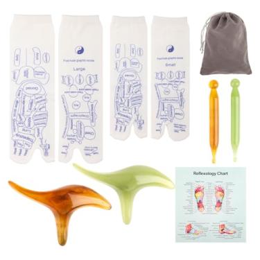 Imagem de Vigdit Meias de reflexologia com ferramentas, 2 peças de meias de gráfico de reflexologia com ferramenta de massagem de ponto de gatilho, kit de meias de acupuntura para pés adequadas para homens e