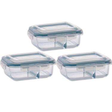 Imagem de 3 Pote de Vidro 640ml Retangular Divisória Marmita Fitness - QUALITY H