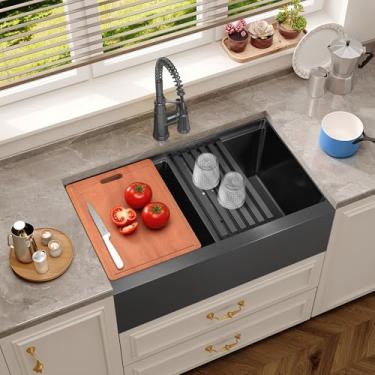 Imagem de Avental de 91 cm - Pia de cozinha grande de aço inoxidável preta de 16 mm com acessórios abundantes (preto, 91 cm x 56 cm)