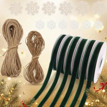 Imagem de IDONGCAI Conjunto de fita de embrulho de presente para decoração de Natal, fitas de veludo de 9,5 cm, flocos de neve, corda de juta/corda de cânhamo, para embrulho de presente, convites, decorações de