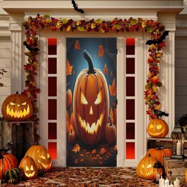 Imagem de Wassud Decoração de porta assustadora abóbora Halloween faixa interna externa varanda decoração de casa grande decoração de porta da frente 96 x 98 polegadas