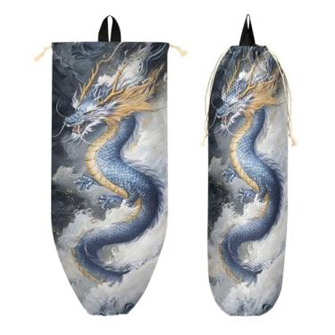 Imagem de xigua Suporte de parede de plástico dragão azul e dourado com cordão 1 pacote, organizador de sacolas de supermercado reutilizável para bolsas, meias, roupas íntimas e gravatas