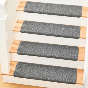 Imagem de MBIGM Escadas antiderrapantes Bullnose com adesivo reutilizável, pacote com 14, 24 cm x 76 cm, proteção de degraus de madeira - suporte de TPU com reforço de aço - solução antiderrapante tricotada