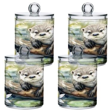Imagem de STAYTOP 4 peças Lovely Otter in The Lotus Qtip Dispenser Boticário frascos de banheiro com etiquetas - Recipiente de armazenamento Qtip de plástico transparente acrílico para bola de algodão, cotonete