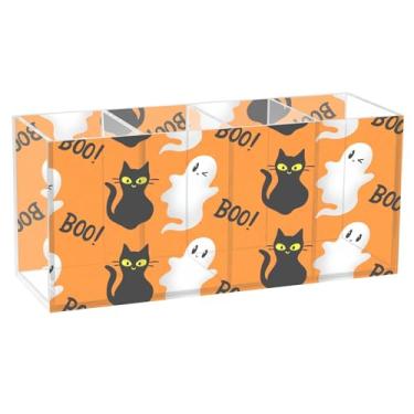Imagem de Burbuja Porta-canetas de acrílico Spooky Boo Cats com 4 compartimentos, suporte de lápis transparente para pincéis de maquiagem fixos, acessórios de mesa de escritório em casa