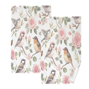 Imagem de CEBUGI Conjunto de 2 toalhas de banho - toalhas de algodão macio para lavar o rosto - toalhas de banho de mão para cuidados com a pele do banheiro | 41 x 71 cm | Flores de pássaros