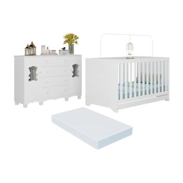 Imagem de Berço Americano 3 em 1 com Colchão Incluso e Cômoda 2 Portas 4 Gavetas Ternura Multimóveis Mp4738 Branco