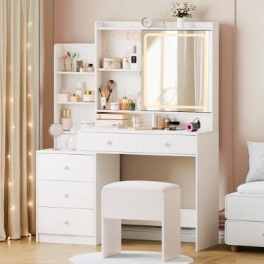 Imagem de Penteadeira Camarim C/Led Maquiagem Espelho Banco 6 Gaveta, Penteadeira Escrivaninha, Penteadeira com Espelho