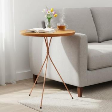 Imagem de Mesinha Redonda Pés Palito Metal Mesa Lateral Apoio Sofá Metal Madeira Nozes Cobre Metálico 38 x 45cm