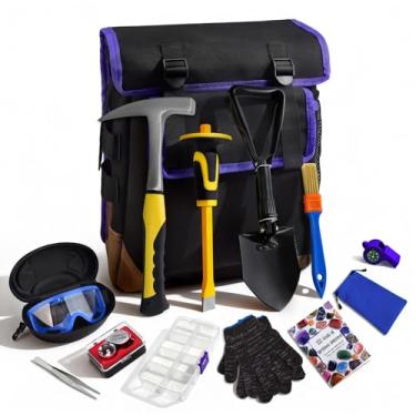 Imagem de CKJSJ Kit de 14 peças de geologia para caçar rochas, martelo de palheta de 850 g com cinzel de 30 cm, ferramenta de equipamento de mineração e prospecção de ouro com mochila, pá, lupa, apito