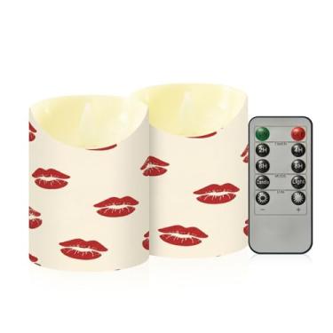 Imagem de Wassud Pacote com 2 velas de lábios vermelhos sem chama com controle remoto, velas realistas cintilantes com temporizador, velas decorativas para Natal, casamento, festa, decoração de casa pequena