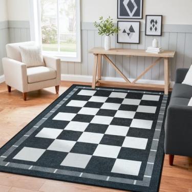 Imagem de Vasofe Tapete xadrez para pátio externo 7,5 x 12,5 cm, tapete de entrada de juta xadrez, lavável preto e branco para quarto, tapete neutro para casa de fazenda, tapete moderno para varanda, pátio