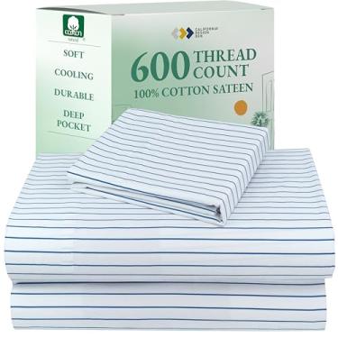 Imagem de California Design Den Jogo de lençol solteiro listrado estampado GG - Luxuoso 600 fios, cetim 100% algodão, bolso profundo de qualidade de hotel, lençóis de solteiro extra longos - Estampa clássica de