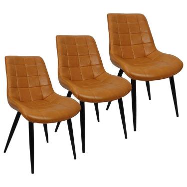 Imagem de Kit 3 Cadeiras Romana Provence Poltrona Estofada Pu Vintage Retro Pés Preto - Caramelo