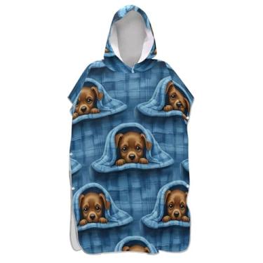 Imagem de TSENQUE Bonitos filhotes marrons poncho de surfe xadrez azul roupão para adultos praia banho com capuz toalhas leves ponchos femininos com capuz