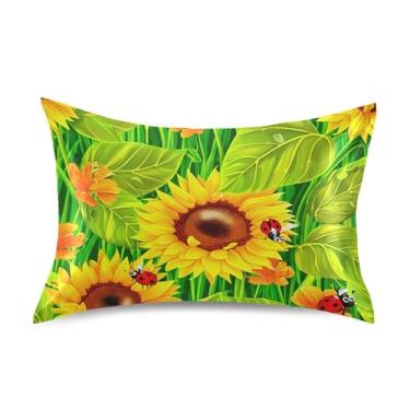 Imagem de Fronhas legais girassóis amarelos folhas verdes King Queen capas de almofadas padrão cetim refrescante cama fronha macia arte fofa tamanho king size 101,6 cm x 50,8 cm