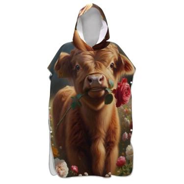 Imagem de TSENQUE Roupão bonito Highland vaca bezerro flores surfe trocador adultos praia banho com capuz toalhas de viagem unissex adulto poncho com capuz
