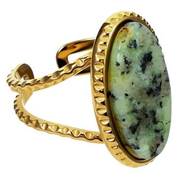 Imagem de DOPENSPI Anel de declaração oval para mulheres, anel verde vintage ajustável anéis retrô de pedra aberta anéis de dedo boho vintage bijuteria presente para mulheres tamanho único