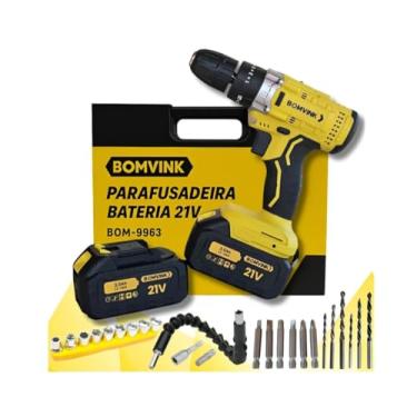 Imagem de Parafusadeira e Furadeira Sem Fio 21V com Impacto, 2 Baterias Recarregáveis, Maleta e Acessórios Profissional, Bivolt 110V/220V