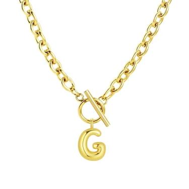 Imagem de Fiiuos Colar com inicial para mulheres, banhado a ouro 18 K, delicada, com pingente de letra bolha personalizada, corrente de elos grossos de clipe de papel com fecho de botão minimalista, joias de