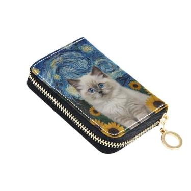 Imagem de Carteira feminina fofa Ragdoll Starry Night Cat pequena com protetor de cartão de crédito com bloqueio de RFID, carteira para dinheiro de viagem com bolso para moedas